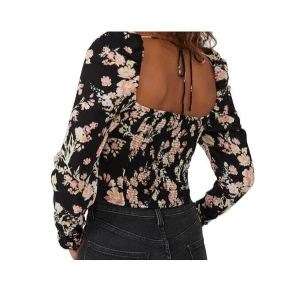 NWT $98 Free People Hilary Printed Top Size Small Black Combo Smocked Blouse S - Picture 7 of 16